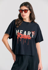 Tricou de damă cu croială lejeră și imprimeu artistic cu text - Negru