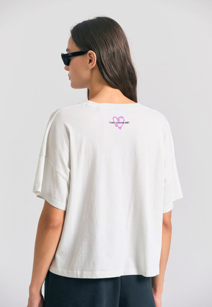 Tricou de damă cu croială lejeră și imprimeu artistic cu text - Mist