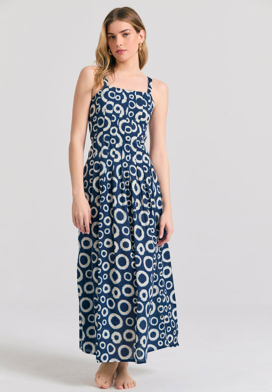Midi all over printed dress with pleats and back tie - Midnight blue