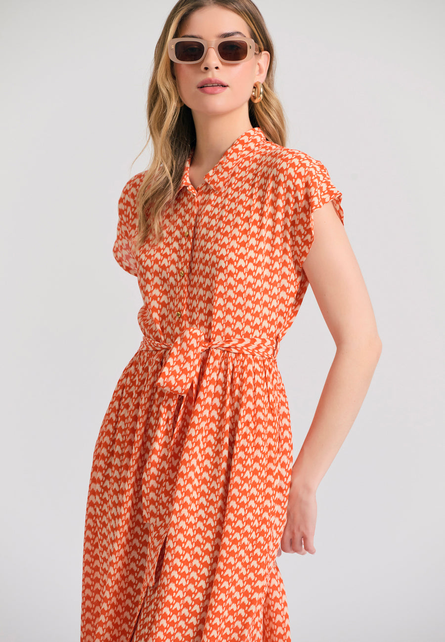 Rochie midi shemi-cămașă cu imprimeu integral și șnur lateral - Mandarin