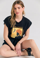 Tricou de damă din bumbac organic cu imprimeu boho - Negru