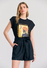 Tricou de damă din bumbac organic cu imprimeu boho - Negru