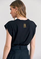 Tricou de damă din bumbac organic cu imprimeu boho - Negru