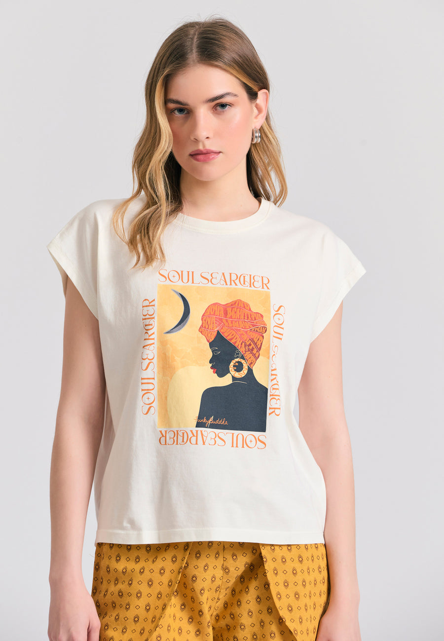 Tricou de damă din bumbac organic cu imprimeu boho - Alb-gălbui