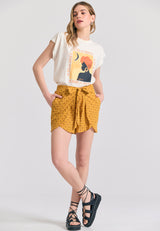 Tricou de damă din bumbac organic cu imprimeu boho - Alb-gălbui