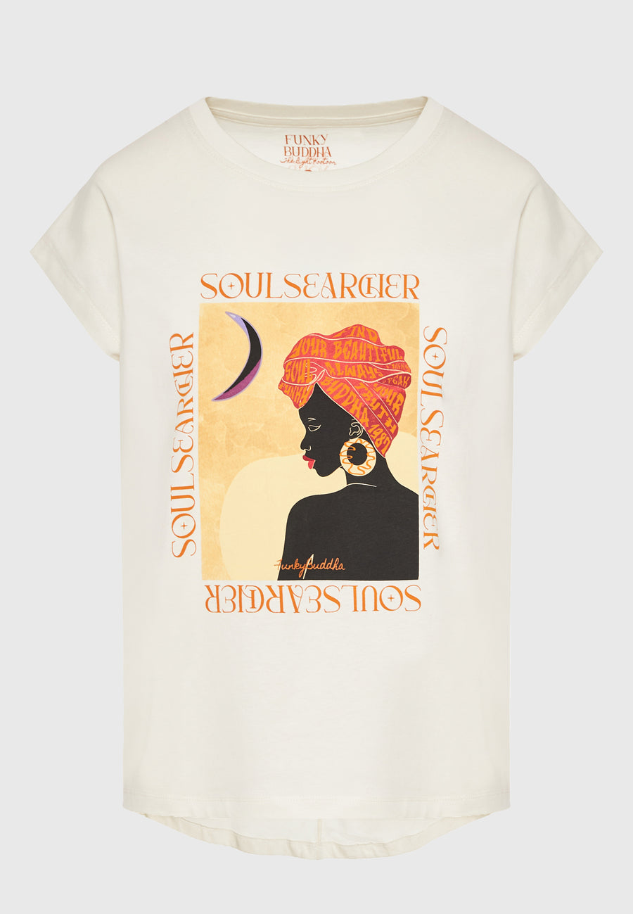 Tricou de damă din bumbac organic cu imprimeu boho - Alb-gălbui
