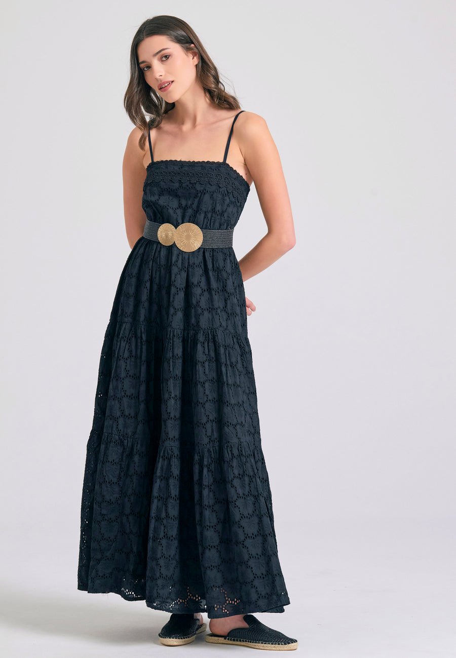 Rochie maxi cu broderie și volane - Negru