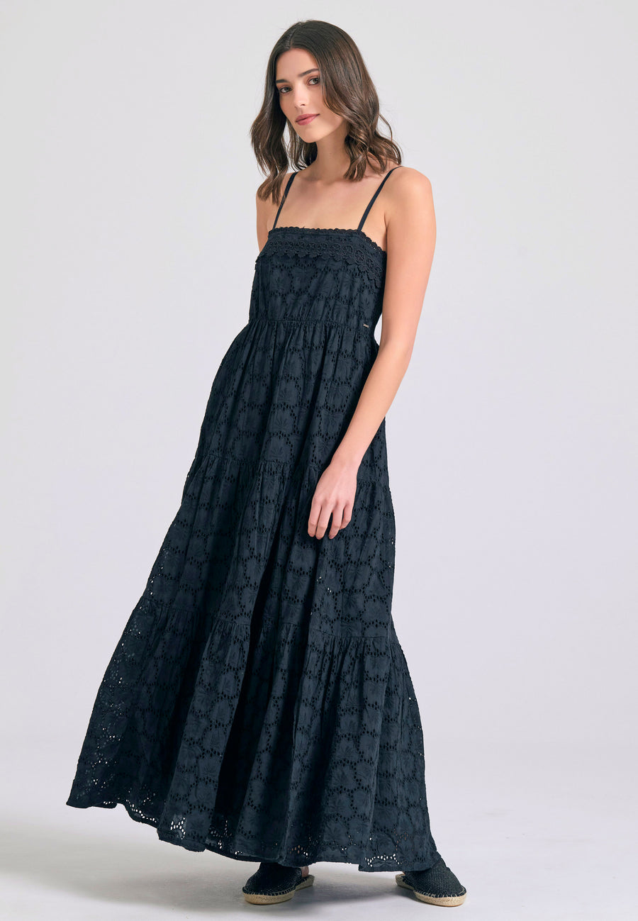 Rochie maxi cu broderie și volane - Negru