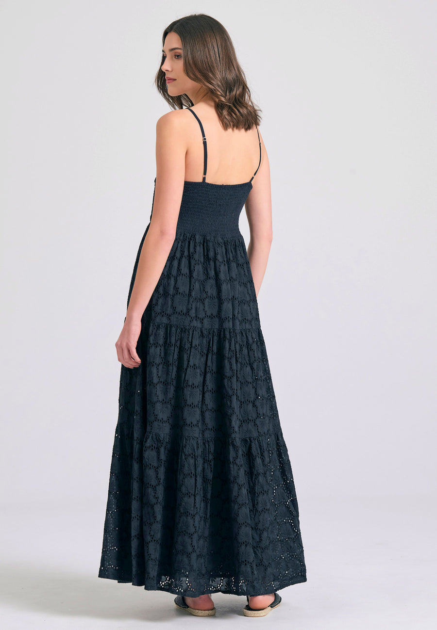 Rochie maxi cu broderie și volane - Negru