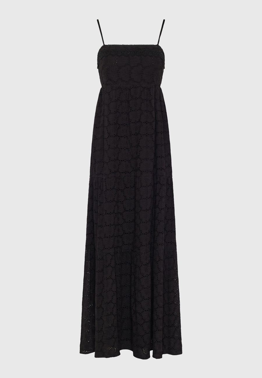 Rochie maxi cu broderie și volane - Negru