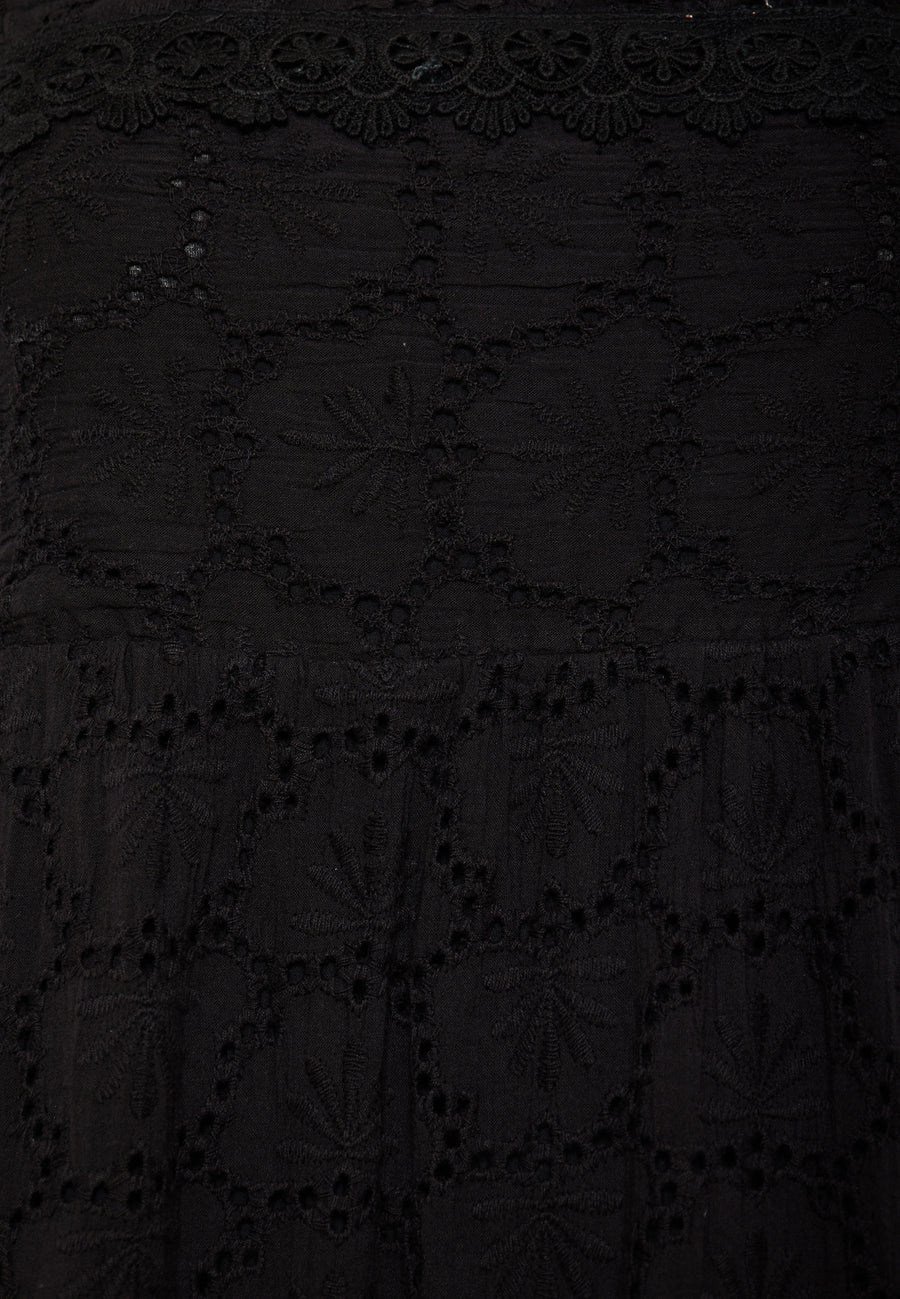 Rochie maxi cu broderie și volane - Negru