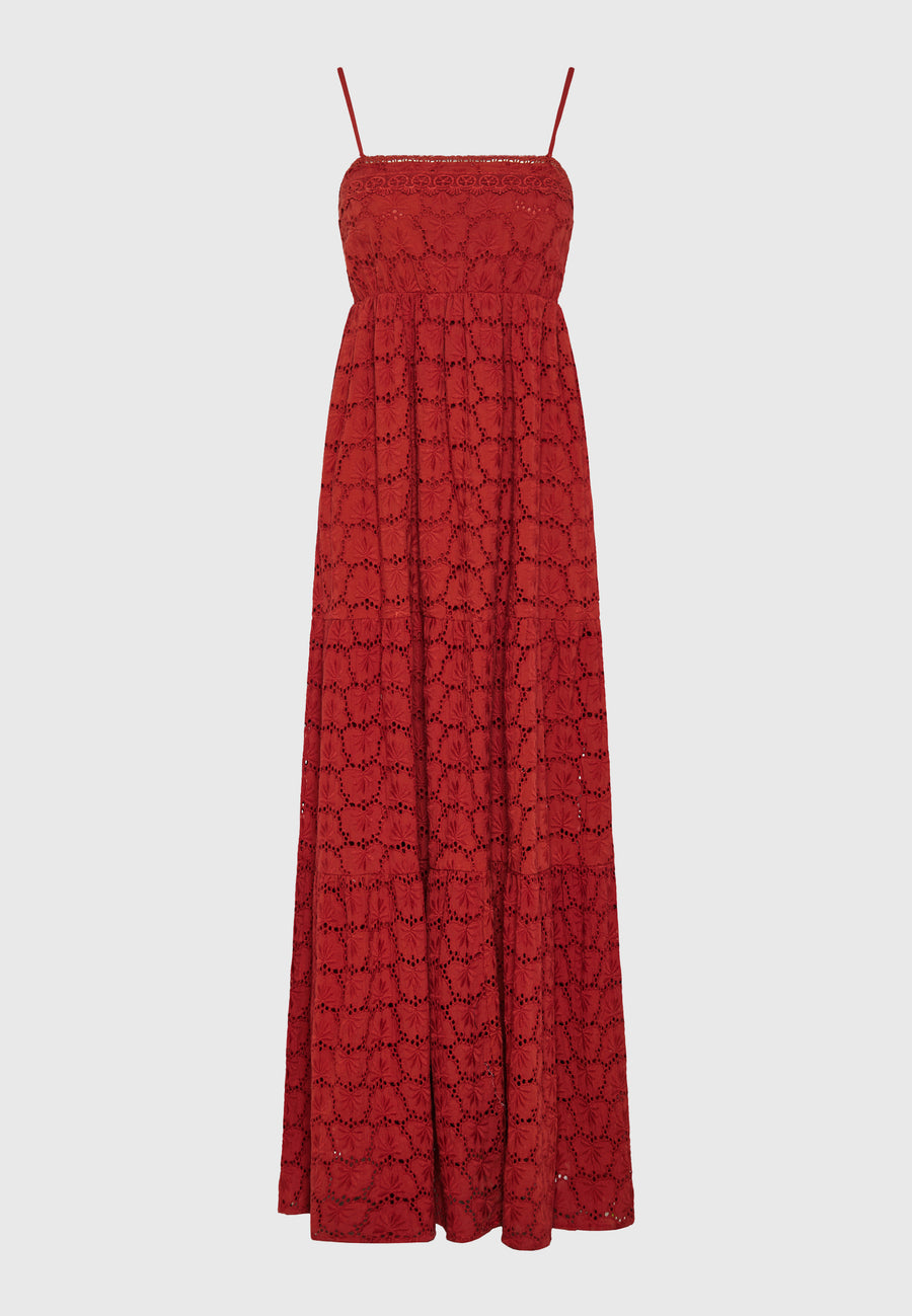 Rochie maxi cu broderie și volane - Paprika