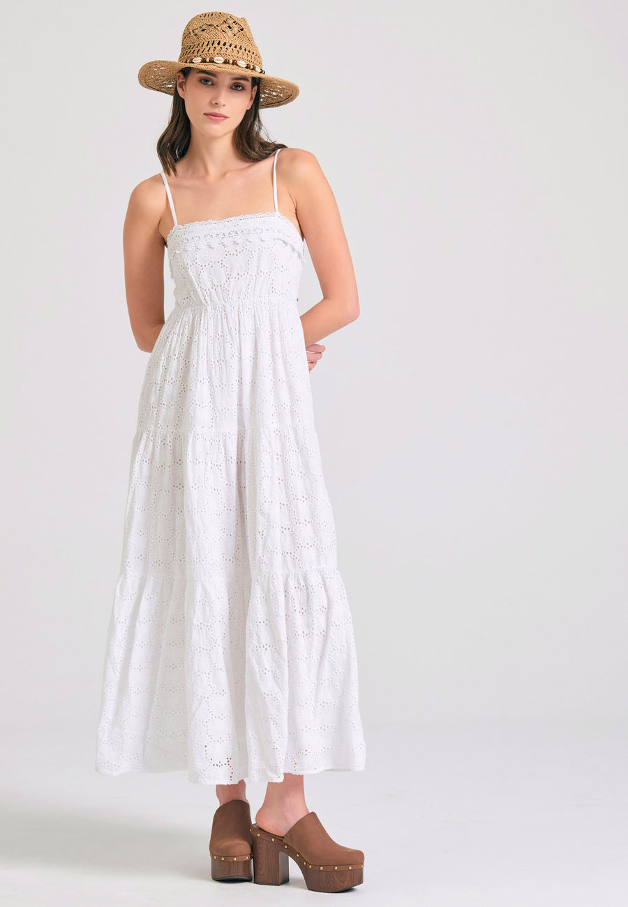 Rochie maxi cu broderie și volane - Alb