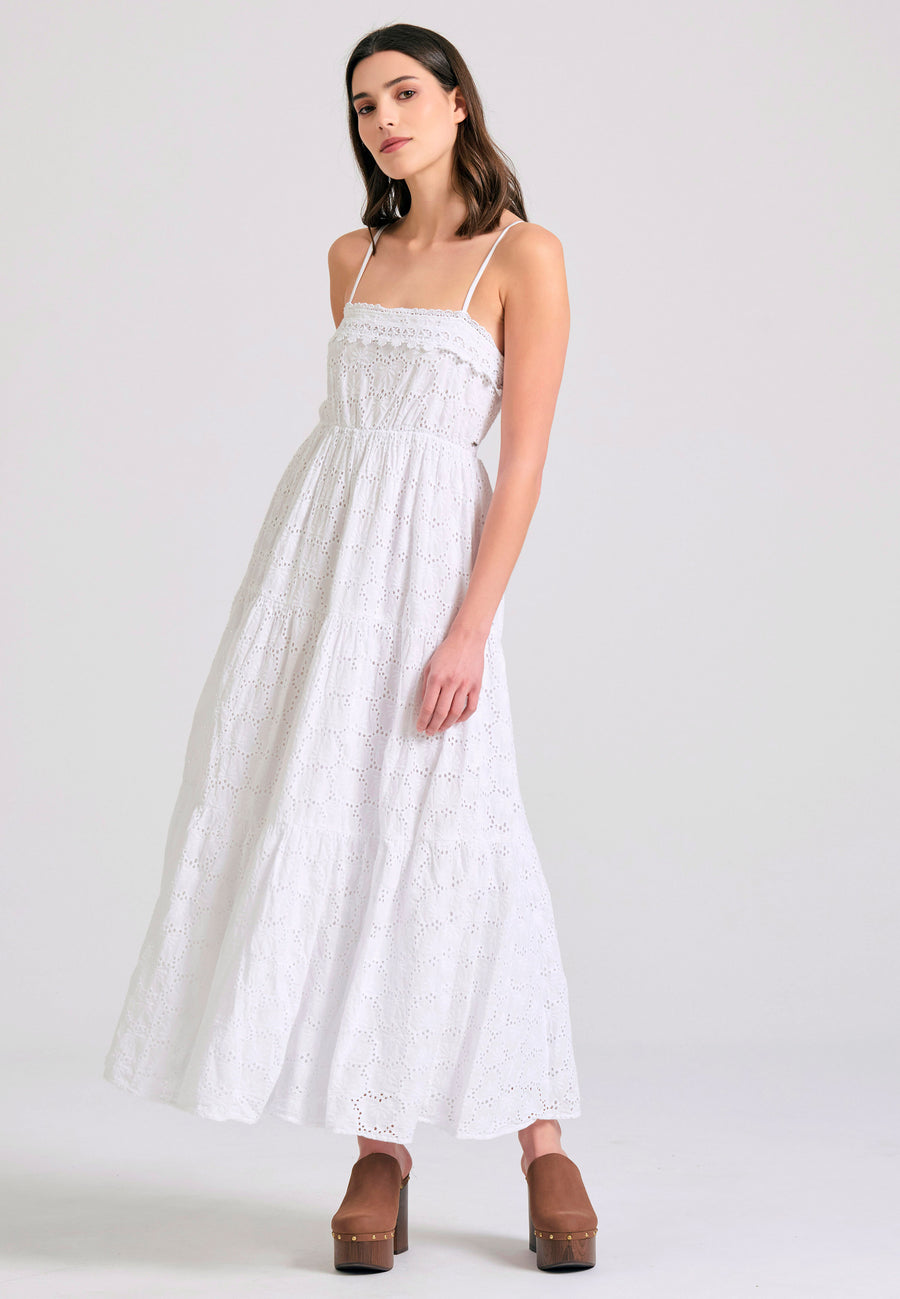Rochie maxi cu broderie și volane - Alb
