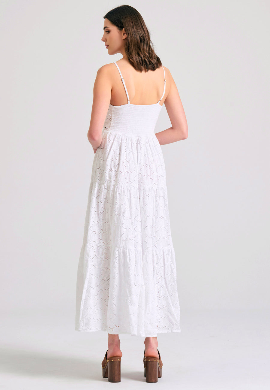 Rochie maxi cu broderie și volane - Alb