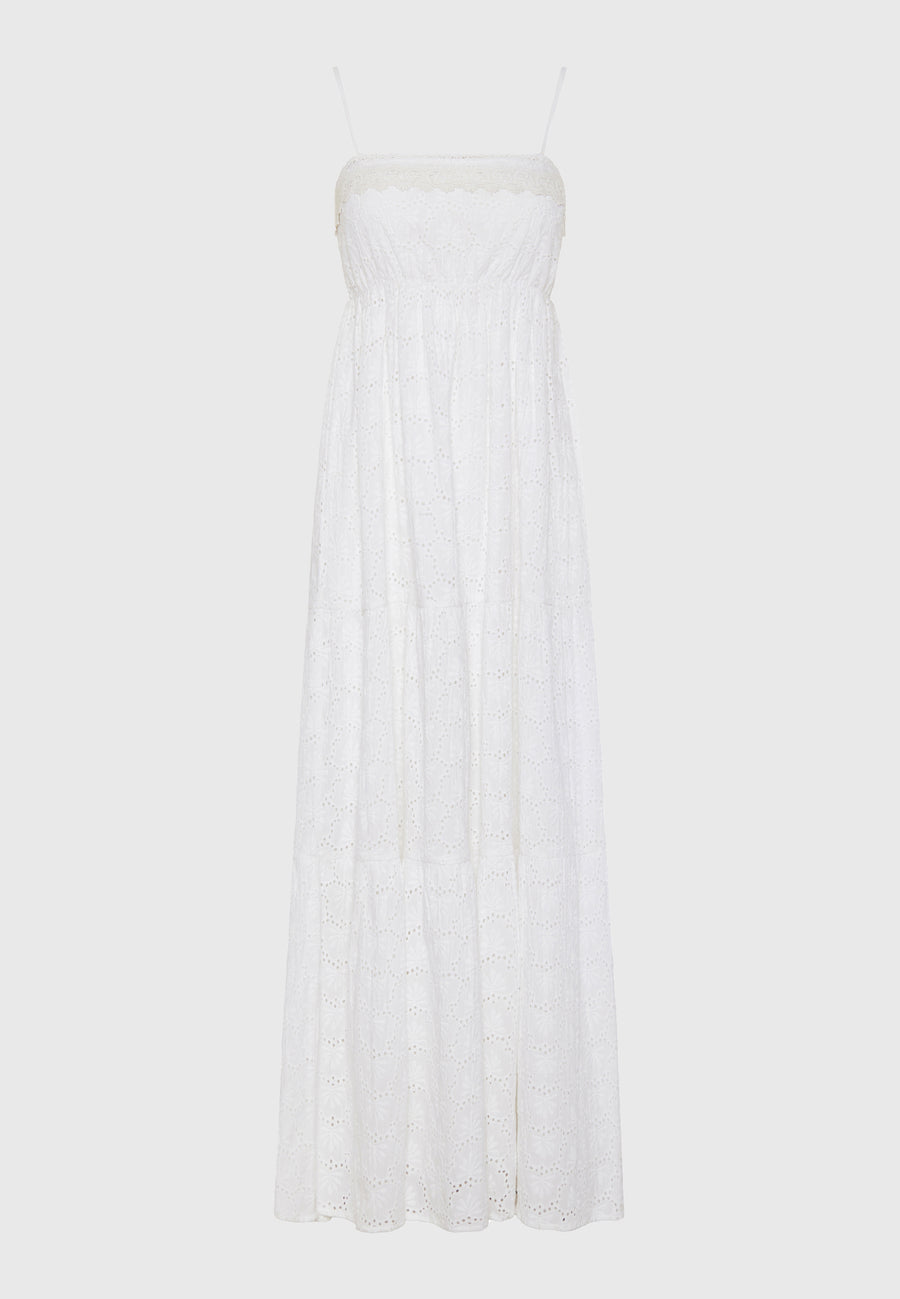 Rochie maxi cu broderie și volane - Alb
