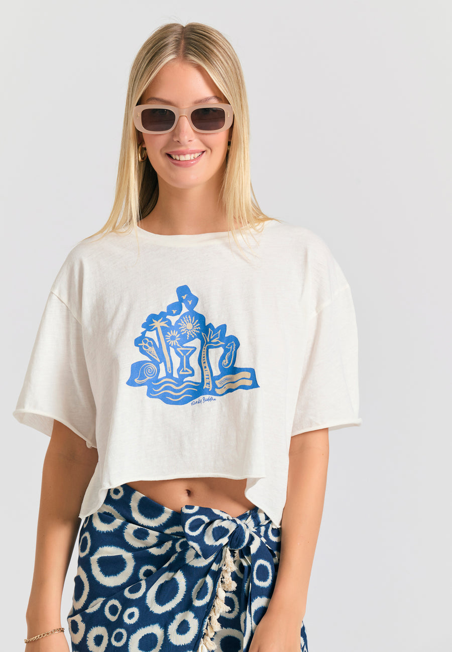 Tricou supradimensionat pentru femei cu imprimeu pe piept - Alb-gălbui