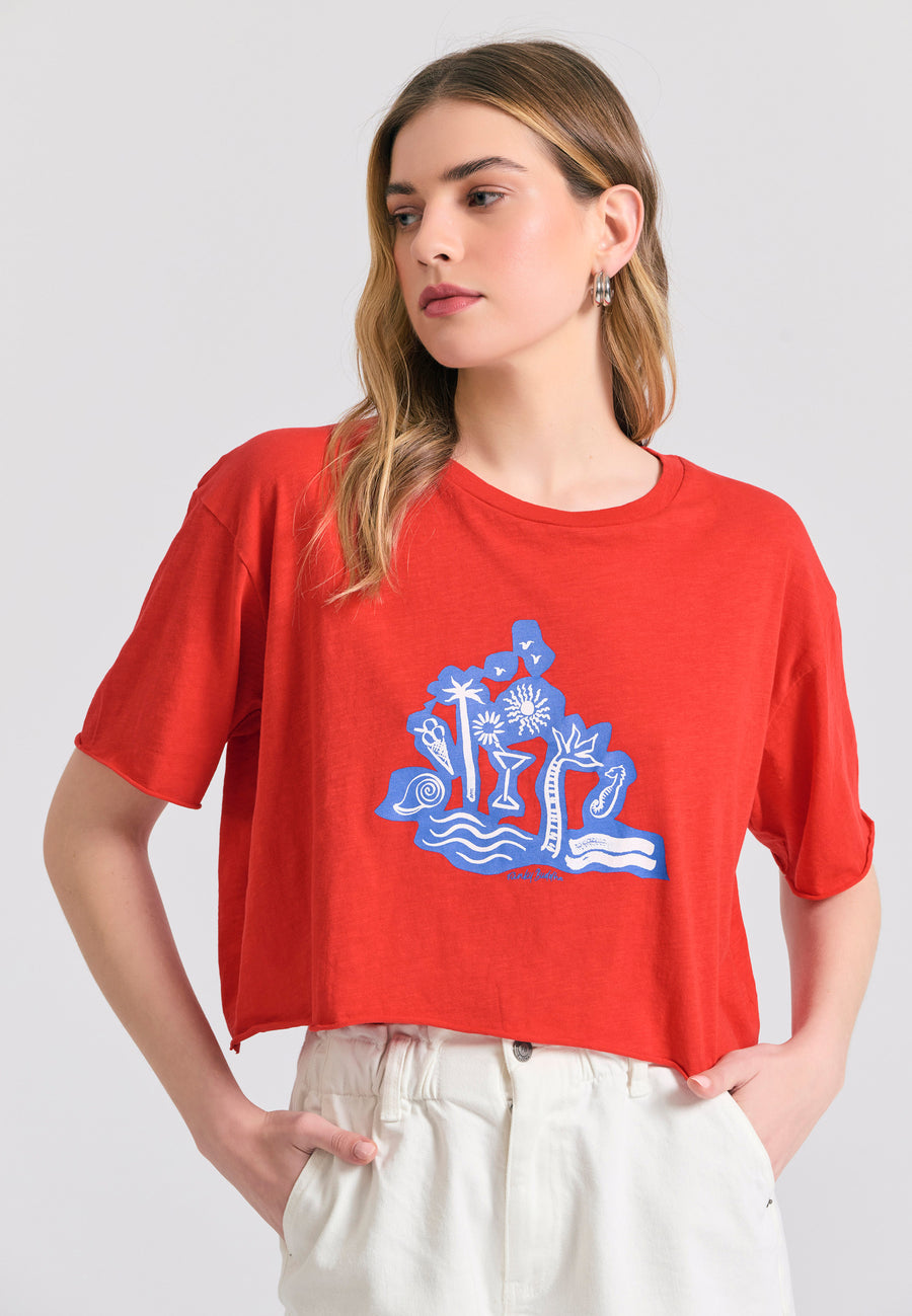 Tricou supradimensionat pentru femei cu imprimeu pe piept - Roșu intens