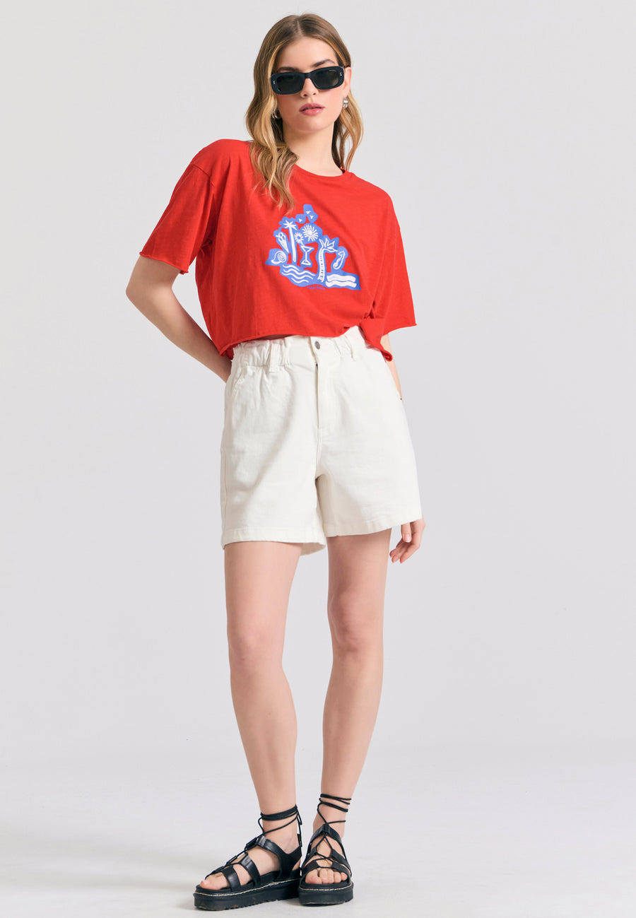 Tricou supradimensionat pentru femei cu imprimeu pe piept - Roșu intens
