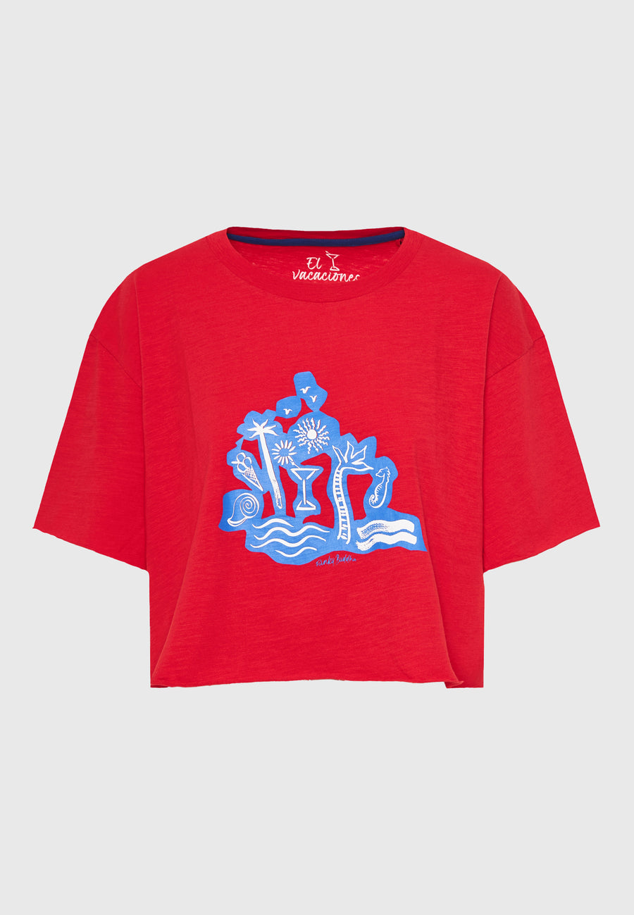 Tricou supradimensionat pentru femei cu imprimeu pe piept - Roșu intens