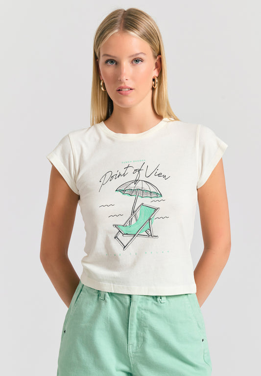 Tricou de damă cu imprimeu fotografic - Alb-gălbui