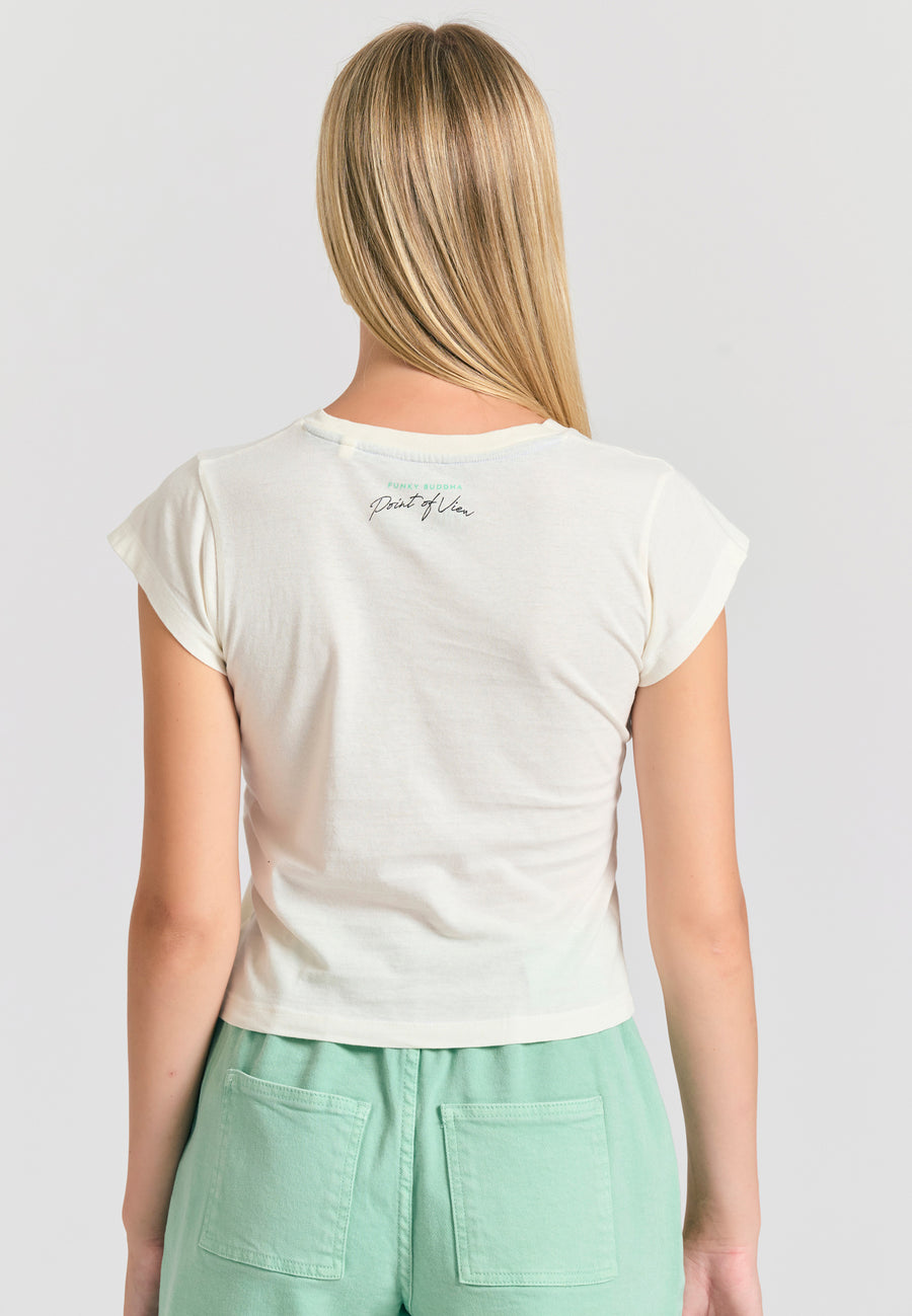 Tricou de damă cu imprimeu fotografic - Alb-gălbui