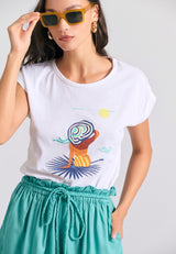 Tricou de damă cu imprimeu și spate deschis - Alb