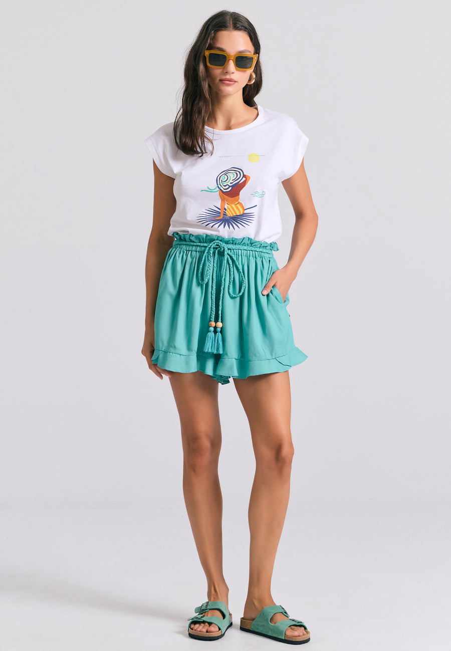 Tricou de damă cu imprimeu și spate deschis - Alb