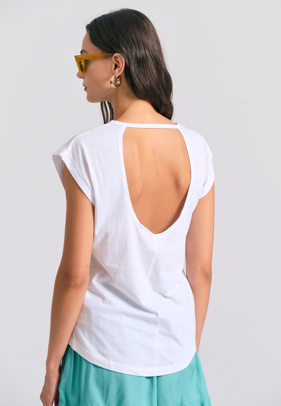 Tricou de damă cu imprimeu și spate deschis - Alb