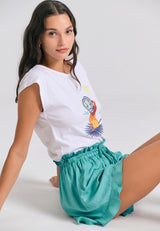 Tricou de damă cu imprimeu și spate deschis - Alb