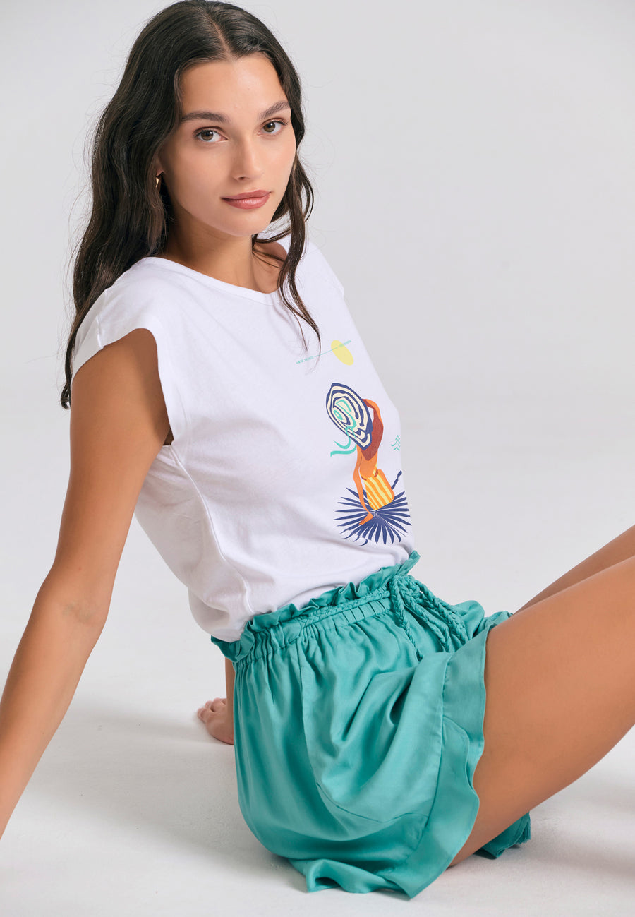 Tricou de damă cu imprimeu și spate deschis - Alb