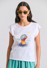 Tricou de damă cu imprimeu și spate deschis - Alb