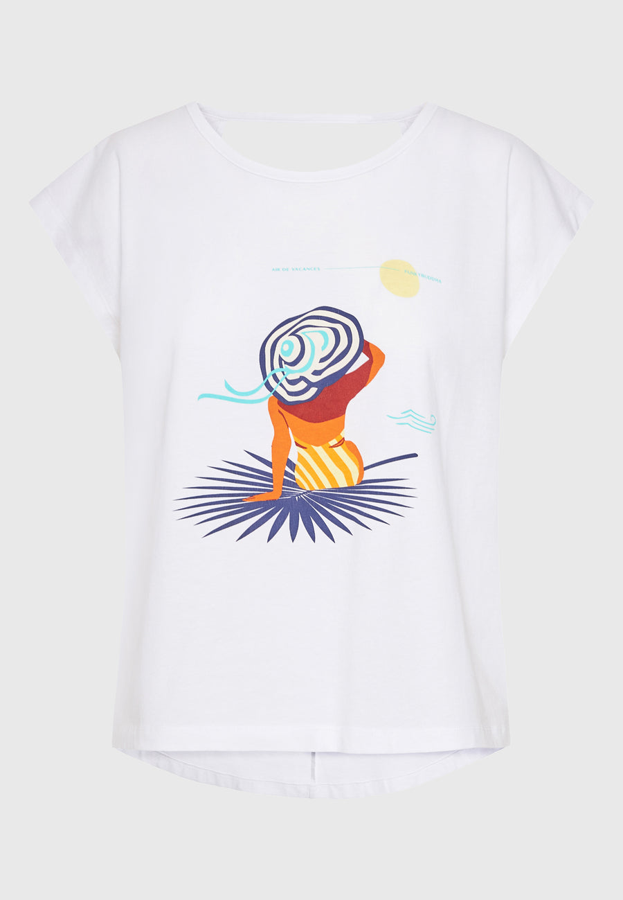 Tricou de damă cu imprimeu și spate deschis - Alb
