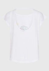 Tricou de damă cu imprimeu și spate deschis - Alb