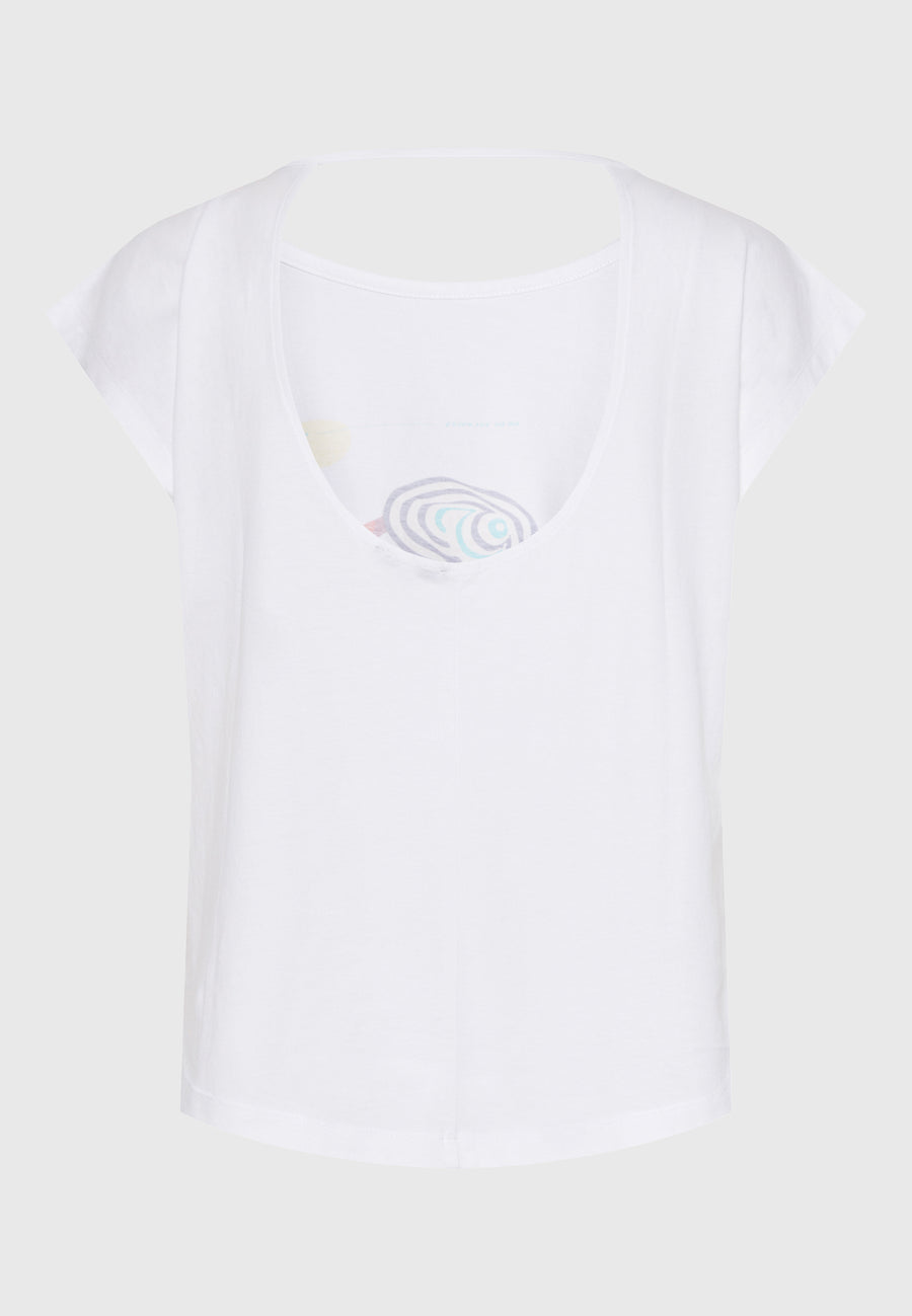 Tricou de damă cu imprimeu și spate deschis - Alb