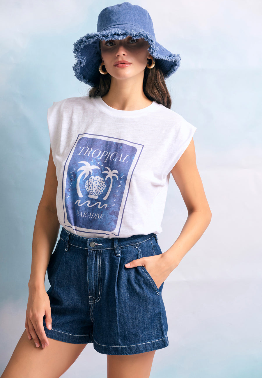 Tricou de damă cu imprimeu tropical - Alb