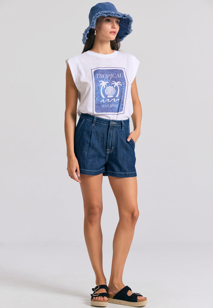 Tricou de damă cu imprimeu tropical - Alb