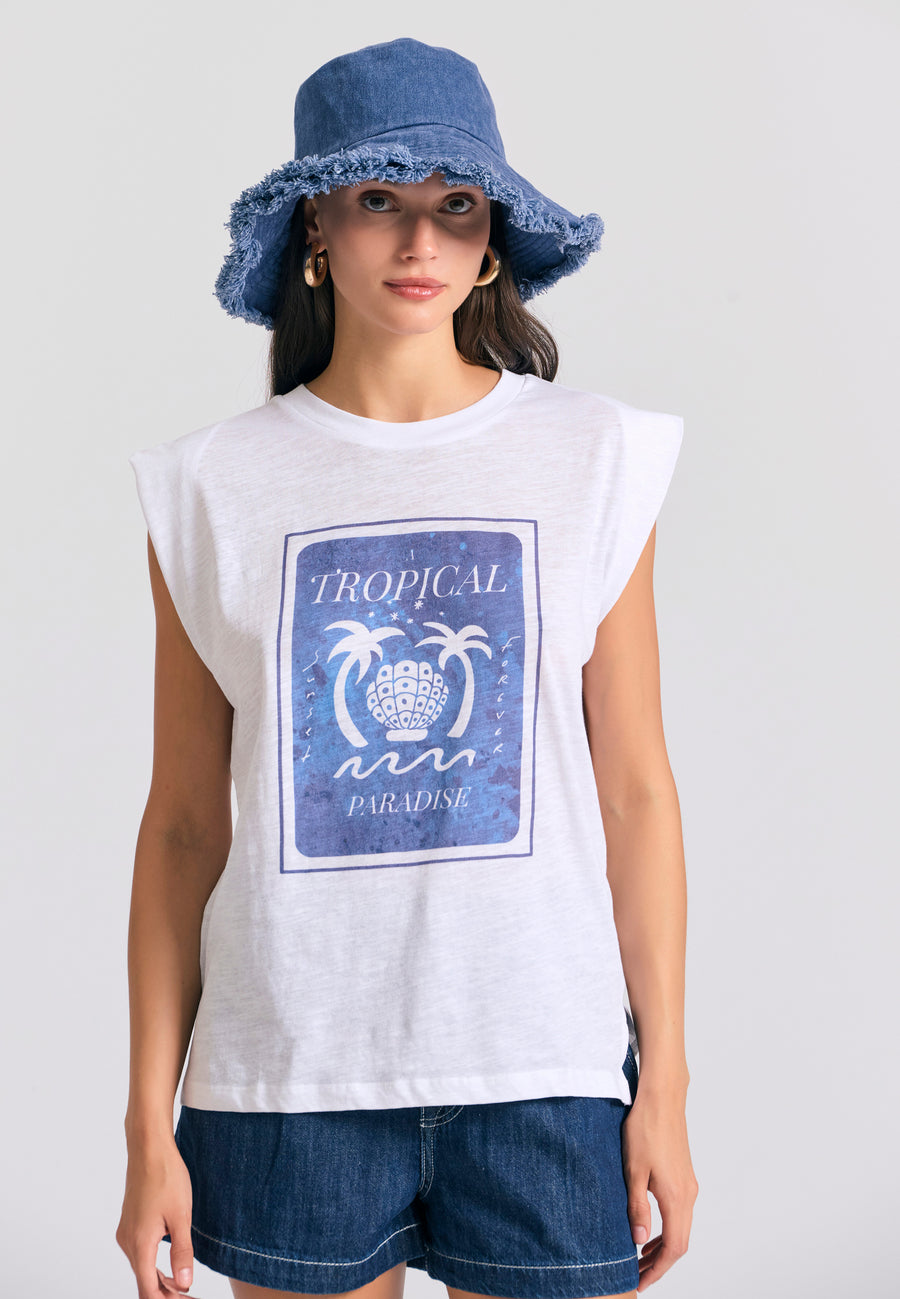 Tricou de damă cu imprimeu tropical - Alb