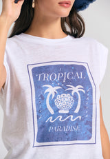 Tricou de damă cu imprimeu tropical - Alb