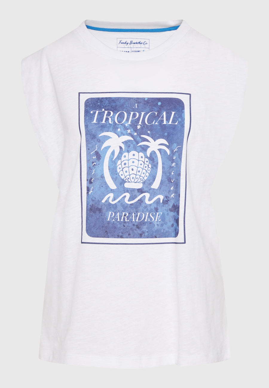 Tricou de damă cu imprimeu tropical - Alb