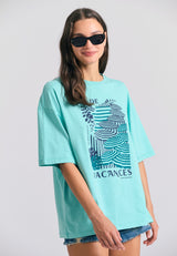 Tricou lejer pentru femei cu imprimeu vintage - Aqua