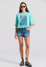 Tricou lejer pentru femei cu imprimeu vintage - Aqua