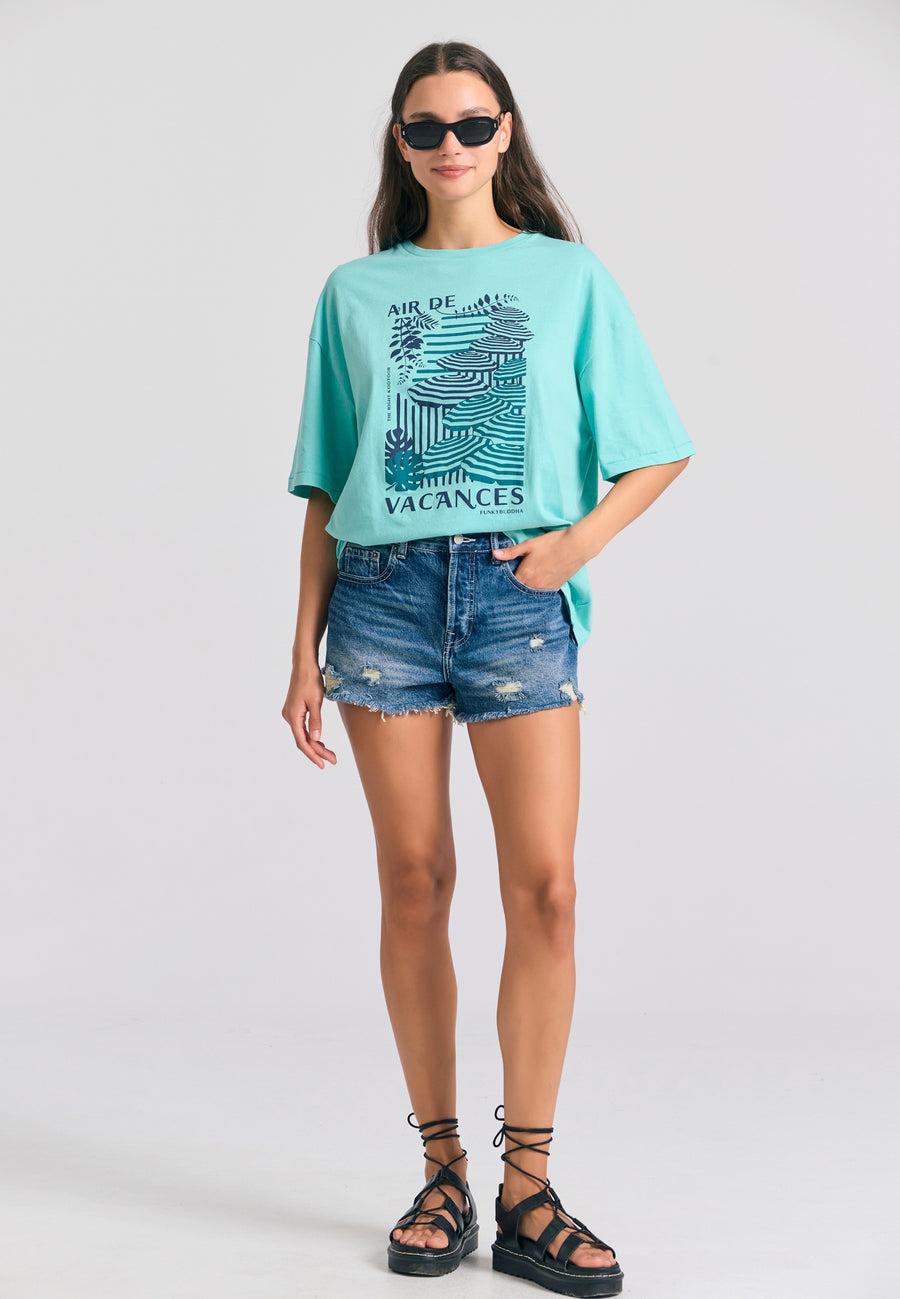 Tricou lejer pentru femei cu imprimeu vintage - Aqua