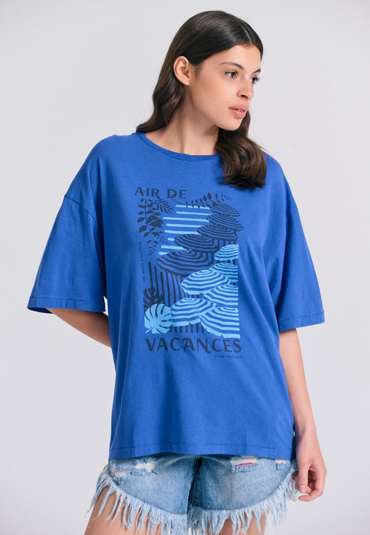 Women's loose fit t-shirt with vintage print - Electric indigo