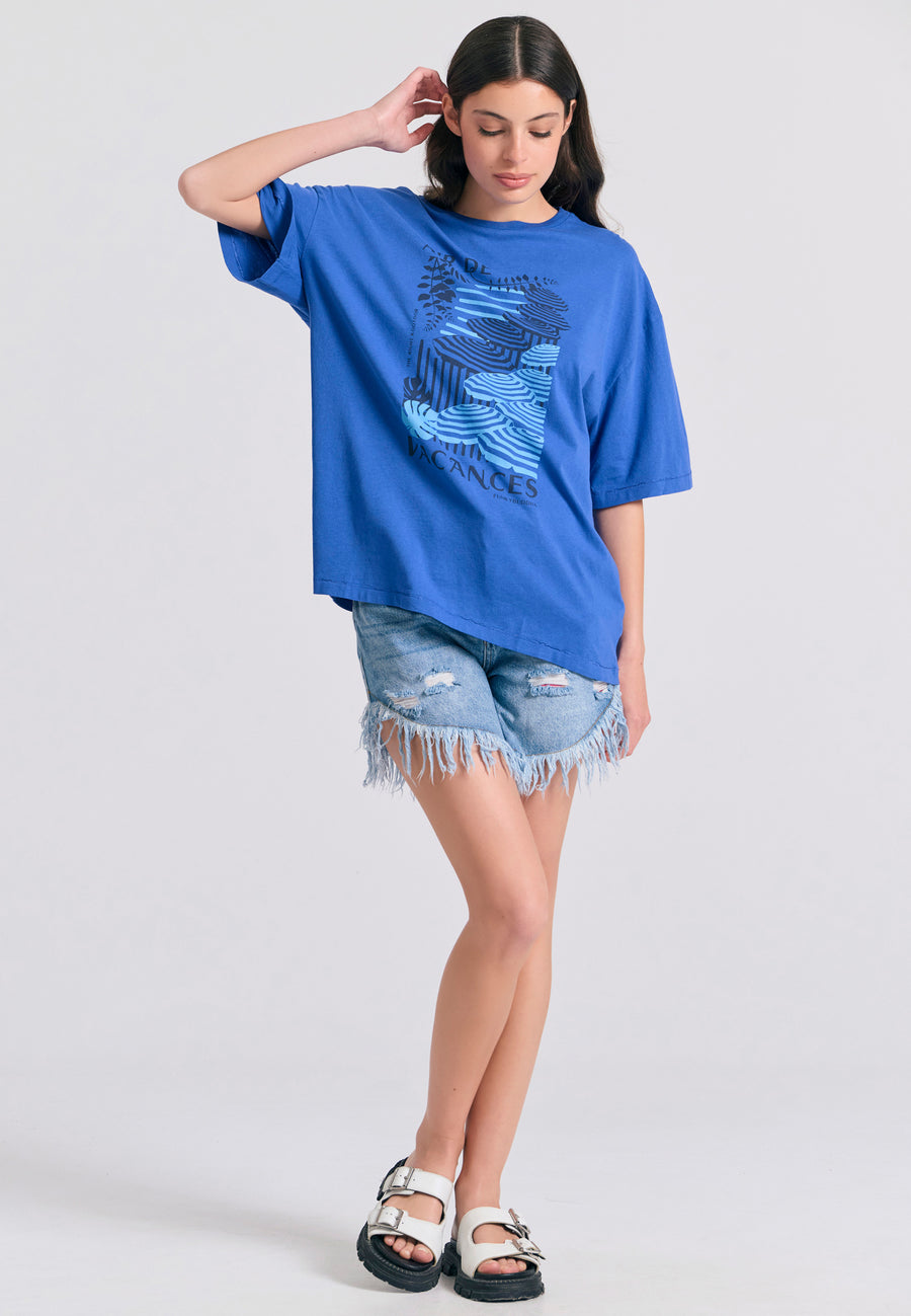 Tricou lejer pentru femei cu imprimeu vintage - Indigo electric