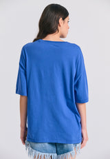 Tricou lejer pentru femei cu imprimeu vintage - Indigo electric