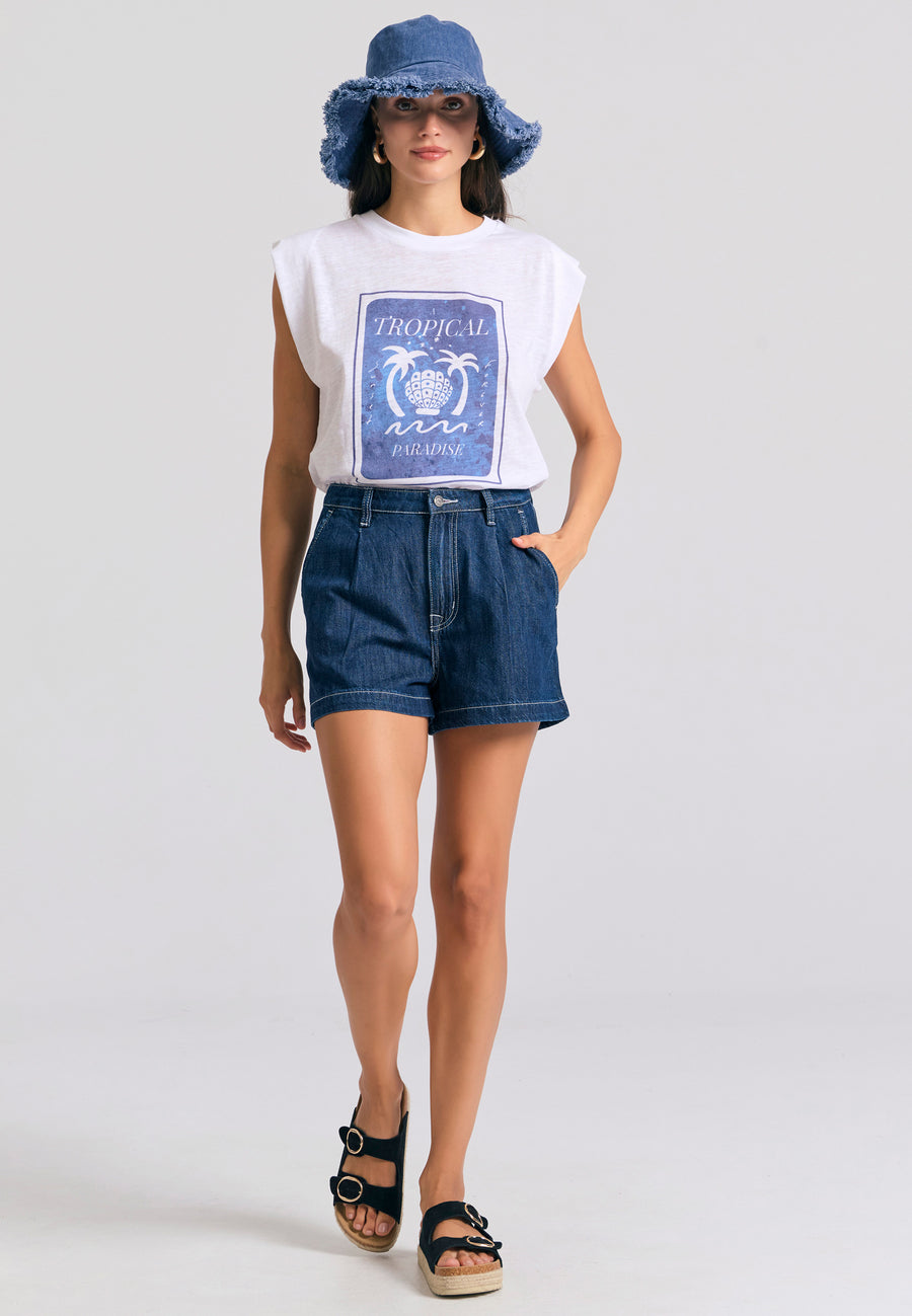 Loose fit lyocell blend denim shorts with pleats - Dk blue