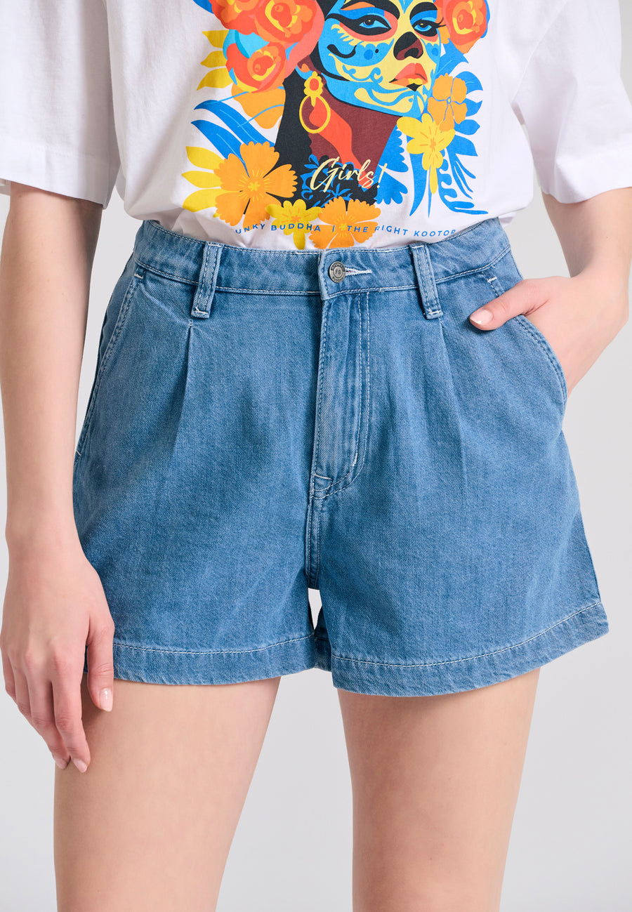 Pantaloni scurți lejeri din denim cu pliuri, din amestec de lyocell - Albastru deschis