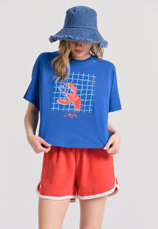 Tricou lejer pentru femei cu imprimeu cu rame - Indigo electric