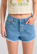 Pantaloni scurți din denim pentru femei cu margini brute - Albastru deschis